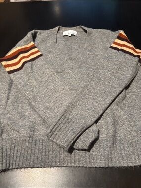 Saint James Gray V-Neck Sweater with Ochre & Burgundy Sleeve Stripes